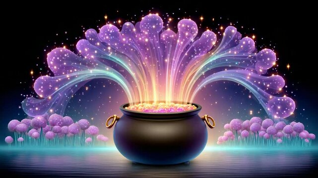 Magical Cauldron with Colorful Sparkling Liquid Erupting in Fantasy Landscape Under Starry Sky