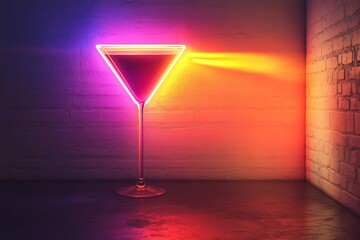 Illuminated Neon Martini Glass in a Brick Wall Corner, Colorful Lighting, Nightclub Scene