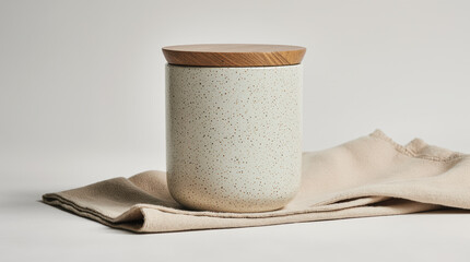 Rustic ceramic jar with wooden lid and soft beige cloth.