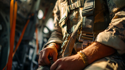 Close-up of a soldier securing his harness while inside a military aircraft, ready for deployment