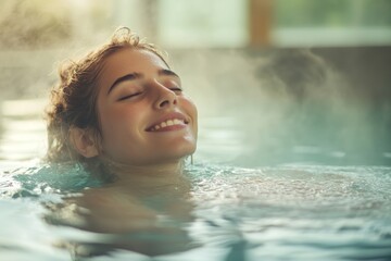 Smiling Woman Relaxing in a Spa Pool with Eyes Closed, Enjoying Steam and Water, Wellness Concept.