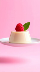 Mini panna cotta dessert with glossy dome-like texture and a levitating raspberry on top &mdash; elegant food composition perfect for gourmet visuals, dessert menus, and culinary advertising