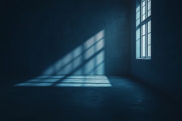Empty Room with Window Light and Shadow, Dark Blue Interior, Minimalist, Moody, Sunlight, Space