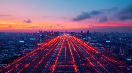 High-angle view of a smart city operating with AI systems, roads with autonomous vehicles, smart buildings exchanging data,