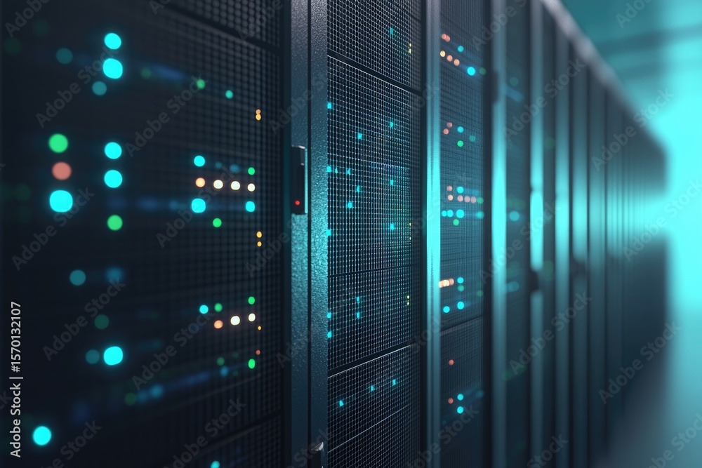 Poster 3D rendering of a data center server rack with glowing indicator lights in a modern network environment, ideal for technology, cloud computing, and cybersecurity visuals