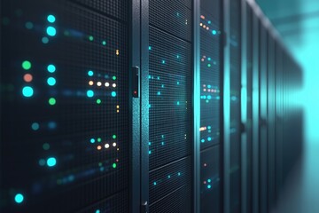 3D rendering of a data center server rack with glowing indicator lights in a modern network environment, ideal for technology, cloud computing, and cybersecurity visuals