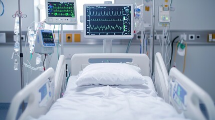 Hospital room with AI system adjusting patient bed position and vitals, nurse overseeing via tablet