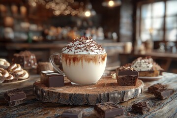 Gourmet Hot Chocolate with Whipped Cream and Chocolate Shavings, Served with Chocolate Desserts