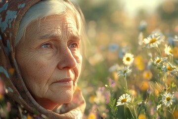 Portrait of Elderly Woman in a Field of Flowers, Contemplative Expression, Sunlight, Nature Scene.