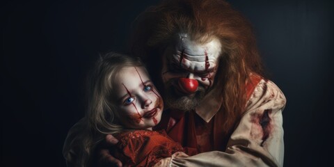 Scary clown with a red nose and a girl in a red dress on a dark background. Halloween theme. Evil Clown. Creepy Evil Clown. Horror movie Concept. Halloween Concept with Copy Space.