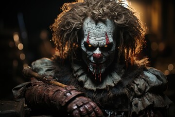 Scary zombie in the dark forest. Horror movie. Halloween. Halloween theme. Evil Clown. Creepy Evil Clown. Horror movie Concept. Halloween Concept with Copy Space.