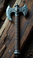 Weathered Ancient Battle-Axe A Relic of Forgotten Battles and Legendary Heroes, Resting on Aged Wood