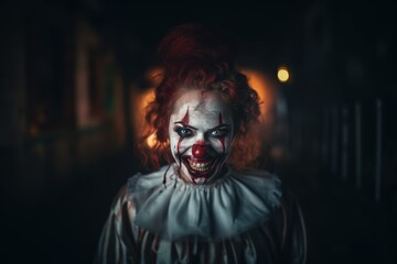 Scary clown with blood on his face in a dark abandoned building. Halloween theme. Evil Clown. Creepy Evil Clown. Horror movie Concept. Halloween Concept with Copy Space.
