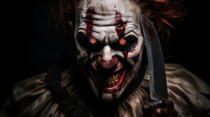 Portrait of a scary clown with a knife on a black background. Halloween theme. Evil Clown. Creepy Evil Clown. Horror movie Concept. Halloween Concept with Copy Space.