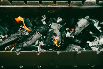 Burning charcoal with flames, ready for grilling season and cookouts. Close-up of burning charcoal in a grill, showcasing glowing embers and flames, perfect for summer barbecues and outdoor cooking.