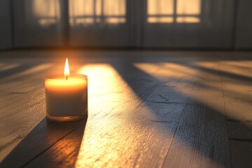 Lit Candle with Bright Flame on Wooden Floor, Casting Shadows in Warm Sunlight, Indoor Scene.