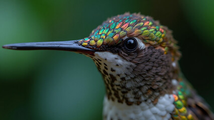Obraz premium Striking portrait of a colorful hummingbird with iridescent feathers showing off its vibrant plumage in a beautiful macro shot against a blurred natural green background.