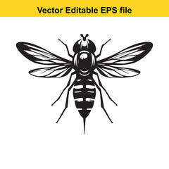 Detailed Black and White Illustration of a Hoverfly Insect Featuring Delicate Wing Patterns and a Segmented Body Design