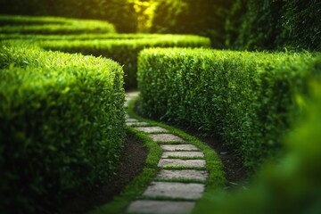 Winding Pathway Through Green Hedge Maze, Stone Path with Sunlight, Serene Garden Landscape