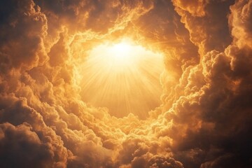 Radiant Light Shining Through Dramatic Clouds, Heavenly Scene, Golden Hour, Abstract Background.