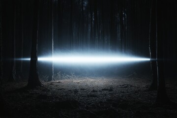 Illuminated Beam of Light Passing Through a Dark Forest at Night, Atmospheric and Mysterious Scene.