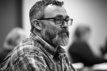 Portrait of a Middle-Aged Man with Glasses and Beard in Black and White, Looking Away