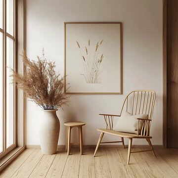 Parede branca com quadro em branco. Um apequena cadeira de madeira no canto. Estilo rural. Decora&ccedil;&atilde;o minimalista e em cores terrosas. Render 3d

