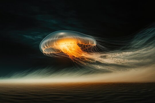 A luminous jellyfish with long tentacles floats above a desert landscape, a surreal and captivating scene.