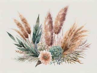 Elegant watercolor boho floral arrangement featuring pink and beige flowers, leafy accents and pampas, perfect as a decorative border or frame for creative projects