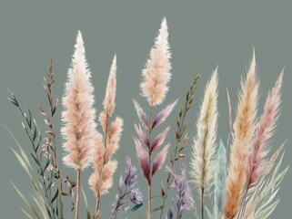 Boho style floral border clipart with pastel-toned flowers, pampas grass, and leaves in soft watercolor effect, isolated on transparent background in high-resolution PNG