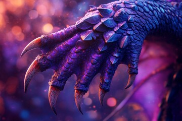 Detailed Close-up of a Dragon's Purple Claw with Sharp Claws and Textured Scales