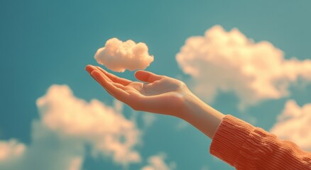A soft cloud floats above an open hand under a vibrant sky, blending surrealism and serenity. The dreamy atmosphere symbolizes imagination, wonder, and the delicate balance between nature and fantasy.