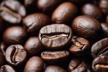 Close-up Shot of Roasted Coffee Beans, Macro Photography, Brown Texture, Freshly Brewed, Gourmet Beverage