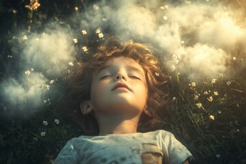 Child Lying in Field of Flowers, Eyes Closed, Dreamy Sunlight, Serene Outdoor Scene