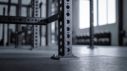 Close-up of a metal barbell rack in a gym.