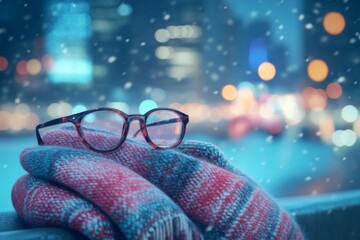 Glasses on a Plaid Blanket in Snow with City Lights Blurred in the Background