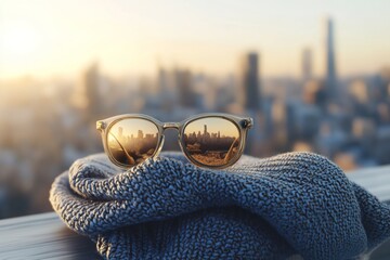Sunglasses Reflecting Cityscape at Sunrise, Resting on Knitted Sweater, Warm Tones, Urban Perspective.
