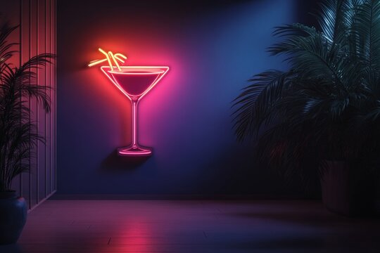 Neon Martini Sign on Wall with Palm Trees, Modern Bar Aesthetic, Vibrant Pink and Blue Lighting.