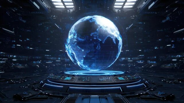 Futuristic Control Center with Holographic Earth
