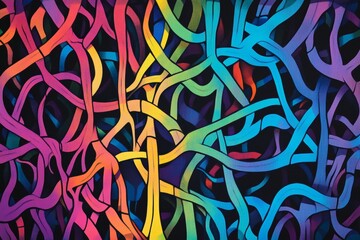 Abstract Artwork of Intertwined, Colorful Lines Against a Dark Background, Vibrant and Artistic.