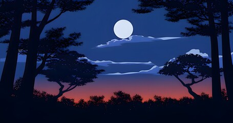 Moonlit Night Landscape with Trees and Silhouettes