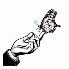 A hand holding a butterfly on a finger vector image isolated on white background.