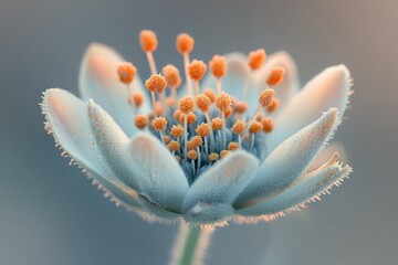 Fototapeta premium A delicate, frosty flower with vibrant orange centers, showcasing nature's intricate beauty.