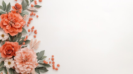 Orange and pink flowers on white blank background. Elegant floral template for seasonal design, greeting cards, invitations