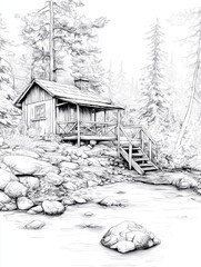 Forest cabin retreat near tranquil stream, line art for coloring