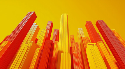 Abstract urban low-angle view of geometric skyscrapers in yellow and red. Vibrant concept symbolizing ambition and growth, modern metropolis illustration