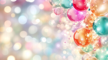 Colorful balloon bubbles on pastel bokeh background with space for text. Festive template for holiday, party, birthday, Christmas card or invitation