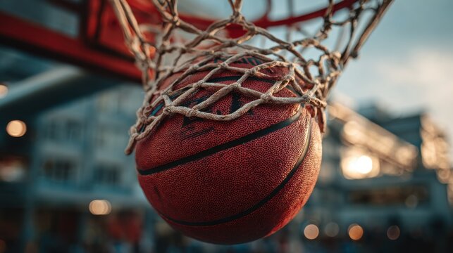 A basketball is hanging from a net. The ball is red and has a black stripe. The scene is set in a city