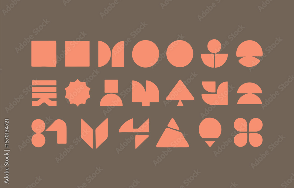 Poster a collection of abstract geometric shapes in coral orange arranged in a grid pattern against a muted