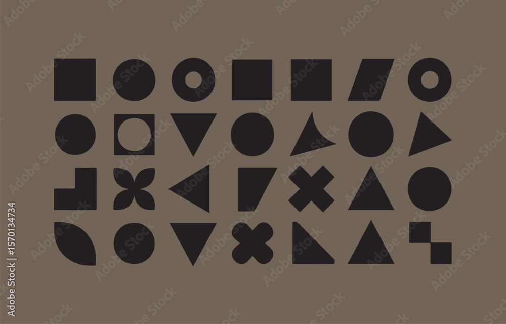 Poster a collection of various black geometric shapes including circles squares triangles and abstract form